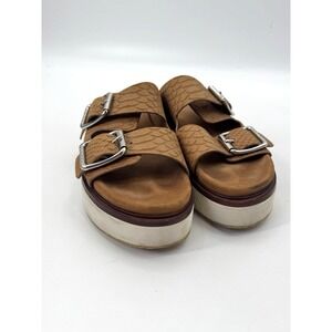 J/slides Bowie Chunky Platform Sandal 10 Dual Buckle Tan Embossed Leather Straps
